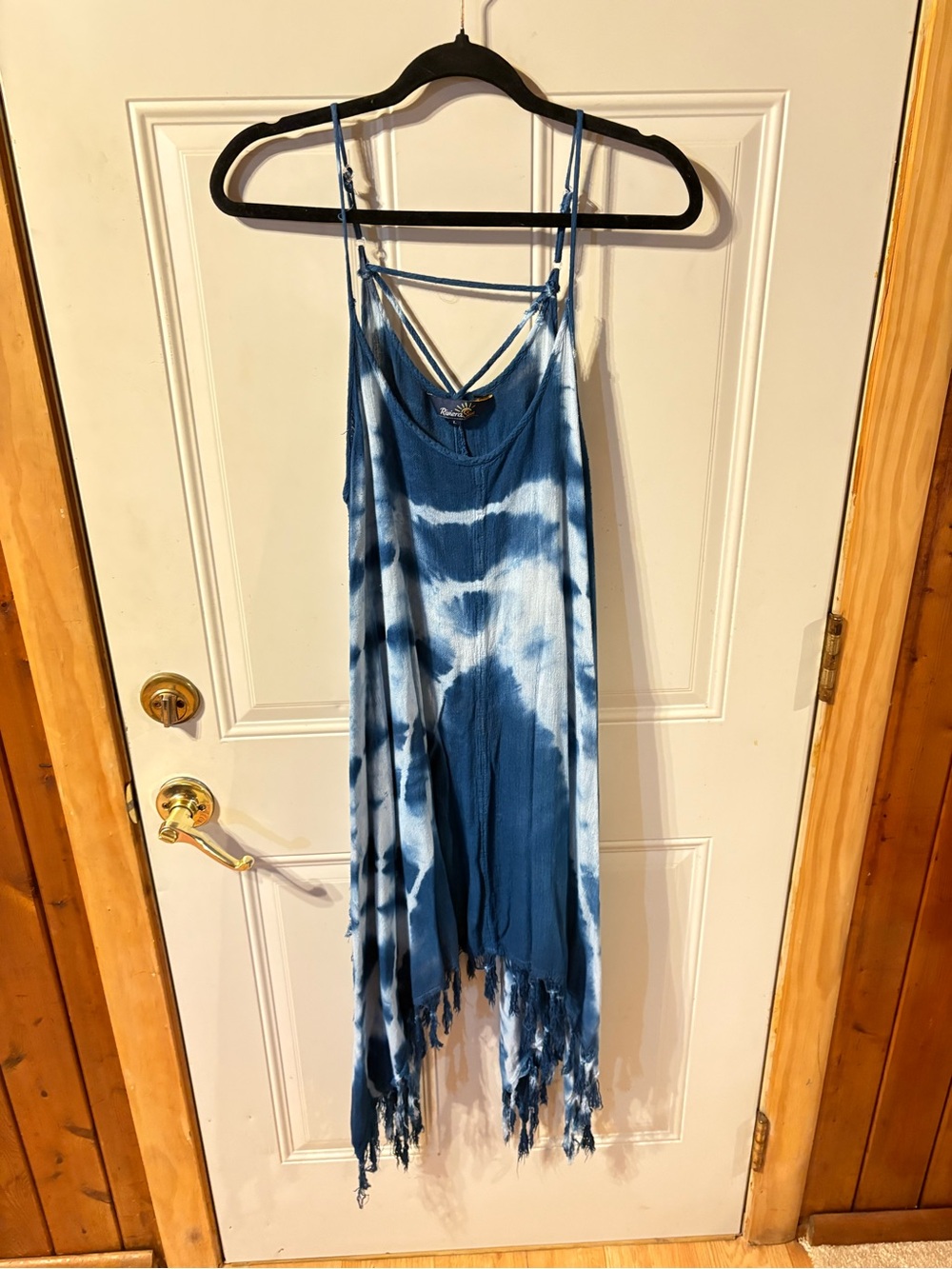Riviera Sun Dress Blue&White Adjustable Straps Fringe at the Bottom X Large
